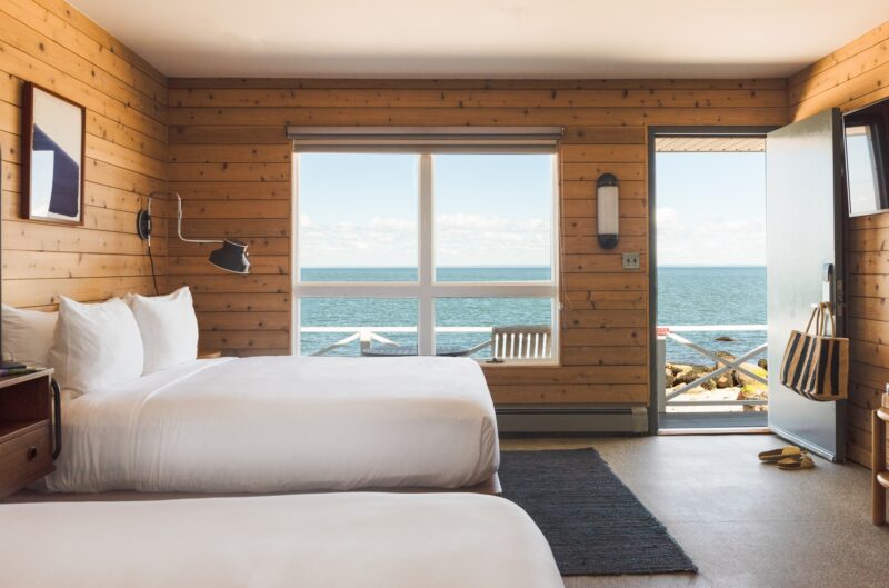 two beds with seaside view