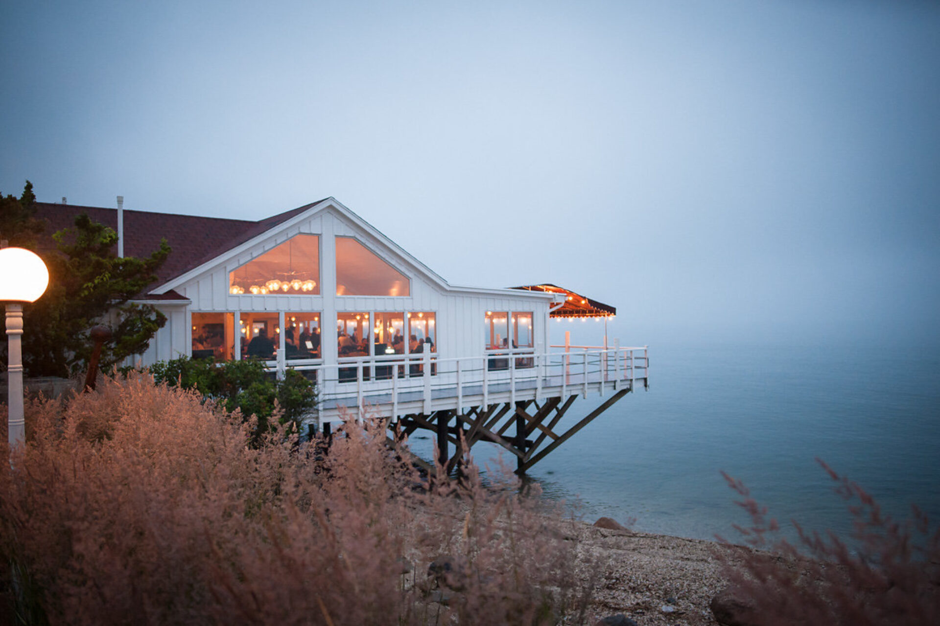 The exterior of hotel on the coast.