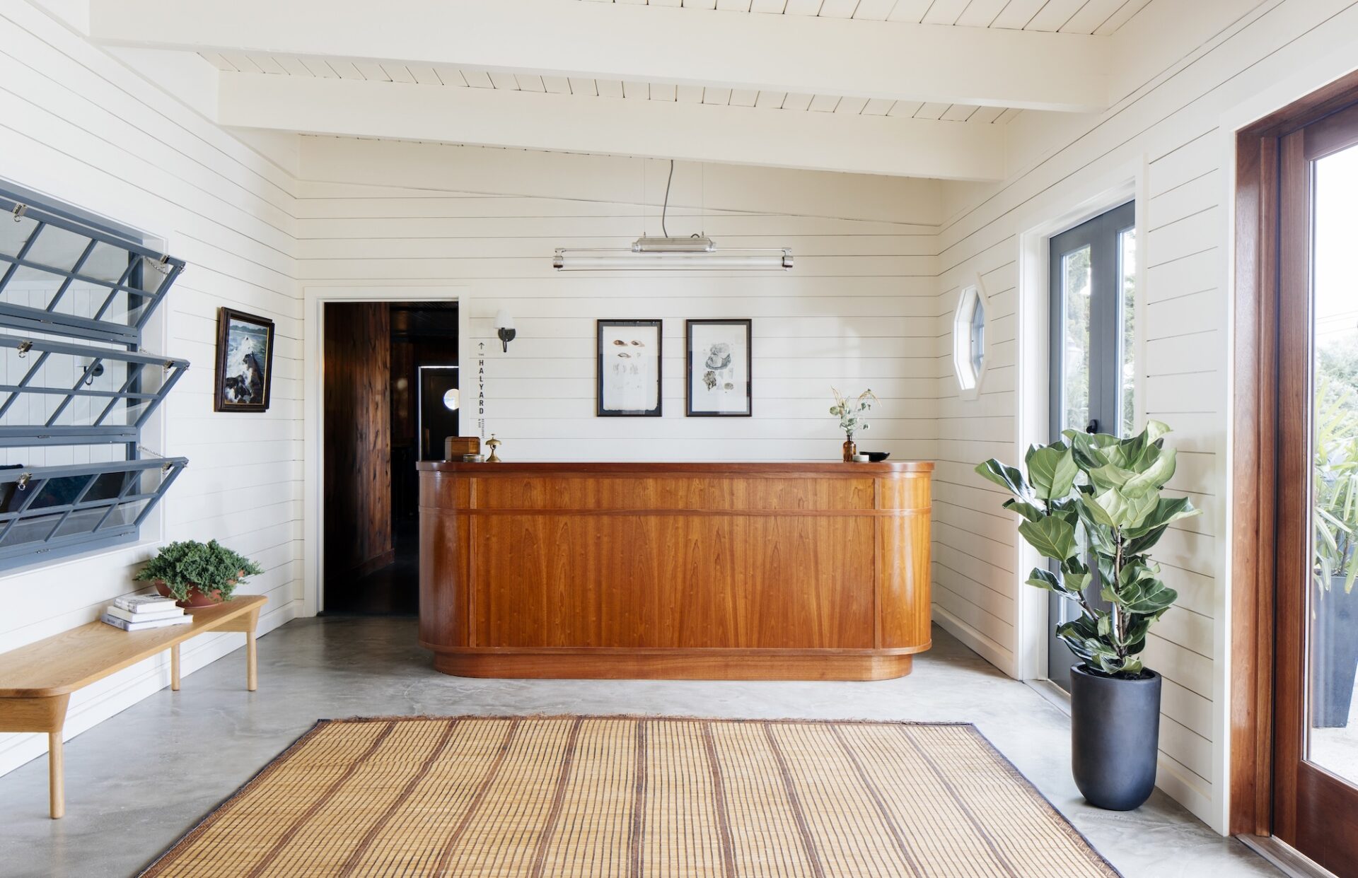 The reception desk for guest check-in at Sound View Greenport in the North Fork.