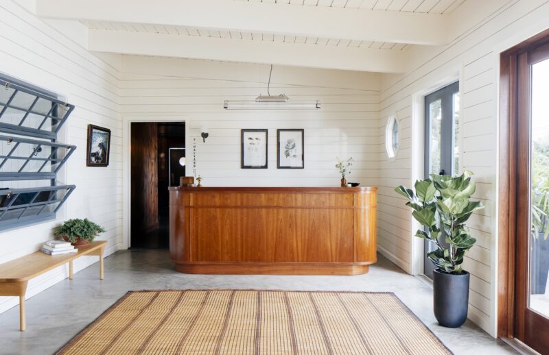 The reception desk for guest check-in at Sound View Greenport in the North Fork.