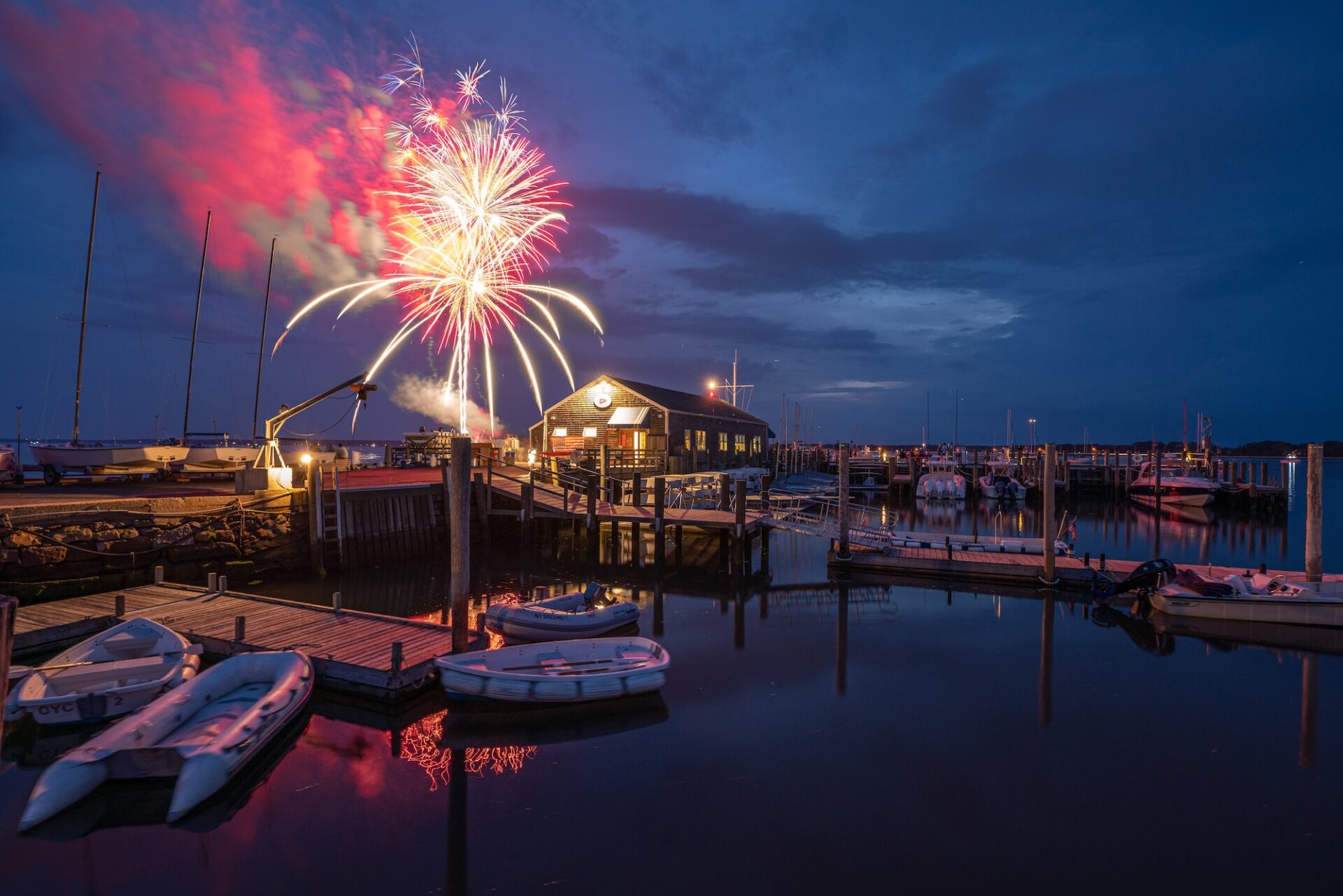 Fireworks over Orient Harbor in North Fork Long Island.