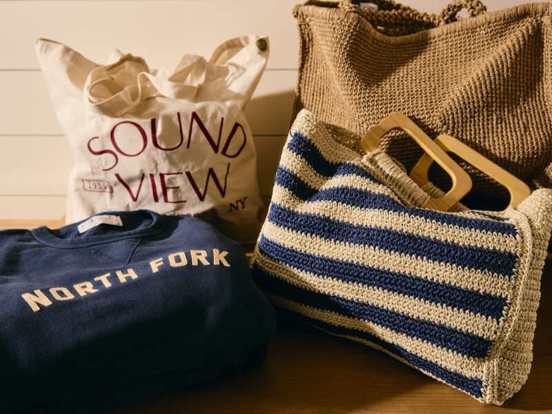 A canvas tote, a North Fork sweatshirt and tote bags.