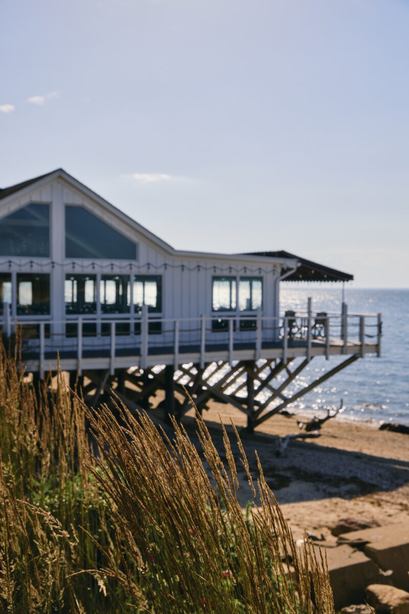 The exterior of Sound View Greenport, with wild grasses in the foreground.