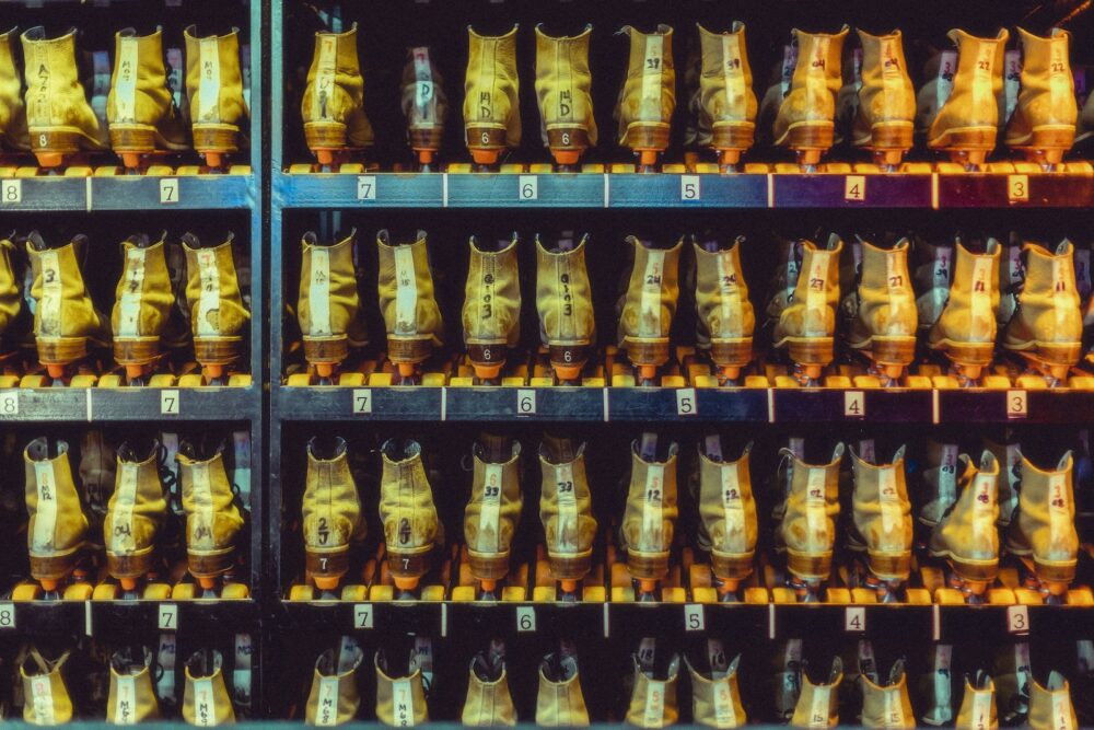 Rows of roller skates.